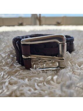 Vintage Perry Ellis Brown Leather BRAIDED Belt M L Fits 31-36" Silver Brass